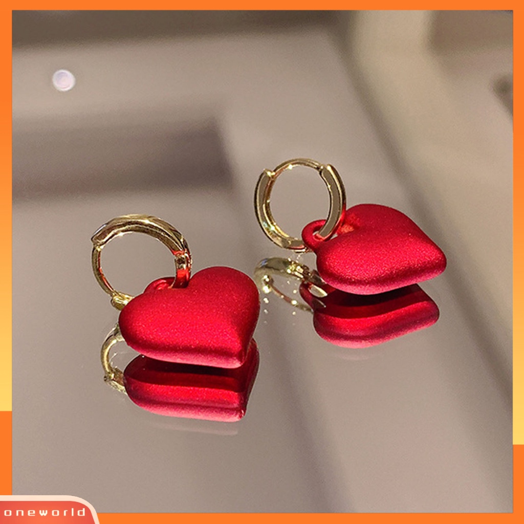 [WOD] 1pasang Anting Klip Romantis Mewah Paduan Frosted Merah Hati Drop Earrings Perhiasan Pesta