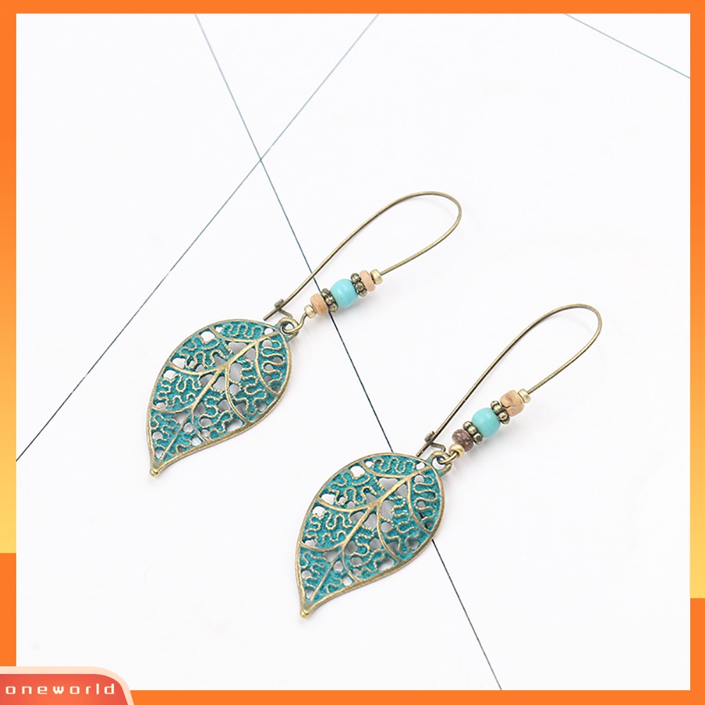 [WOD] Retro Berongga Daun Liontin Imitasi Pirus Manik-Manik Anting Wanita Pernyataan Perhiasan