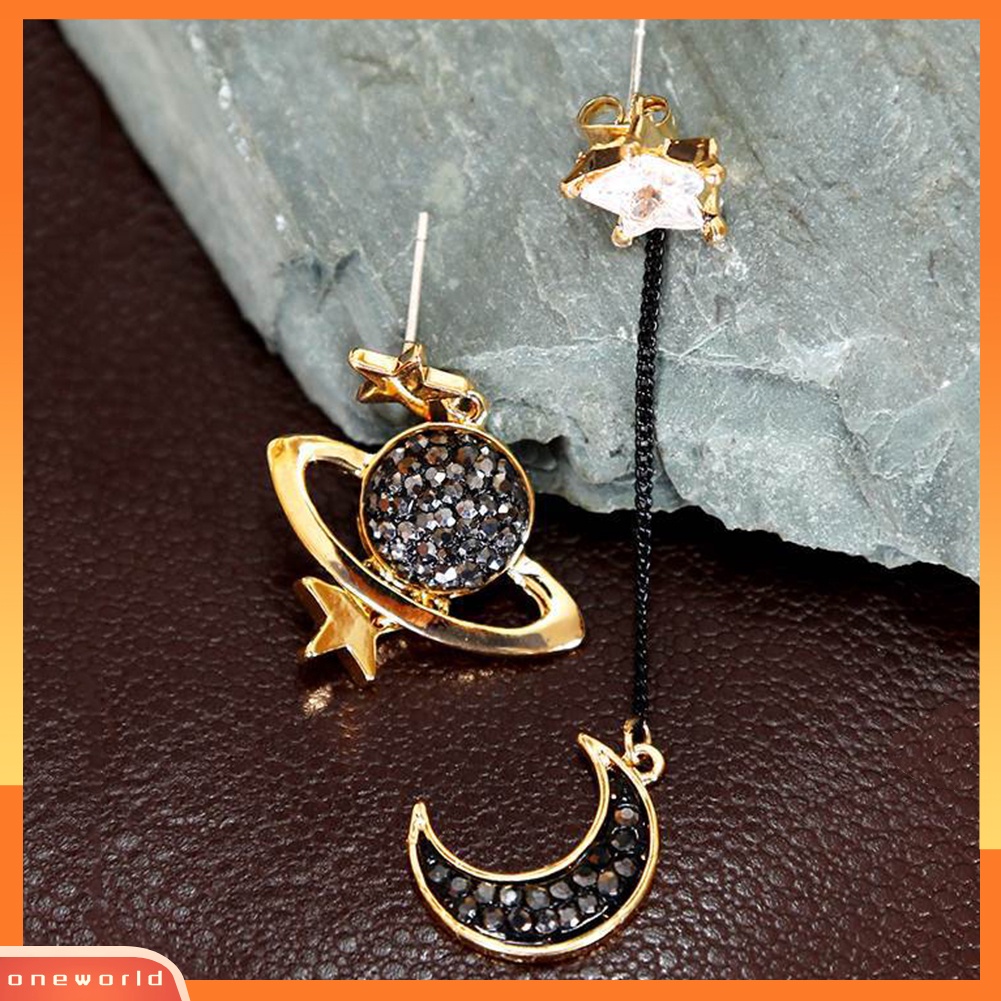 [WOD] Asimetris Rumbai Bulan Bintang Planet Berlian Imitasi Hias Wanita Stud Earrings Hadiah