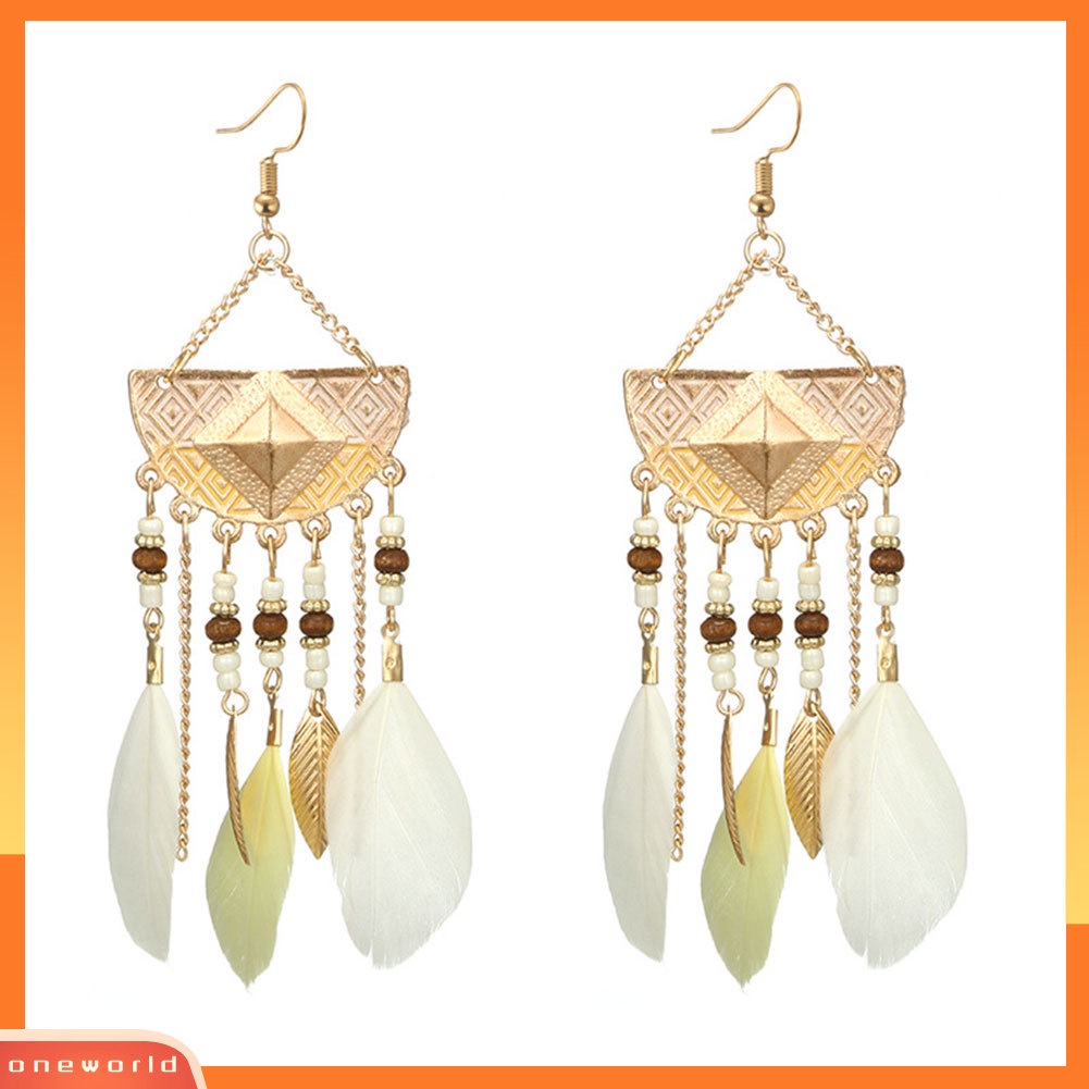 [WOD] Boho Geometris Bentuk Kipas Rumbai Manik-Manik Anting Bulu Statement Lady Ear Hooks