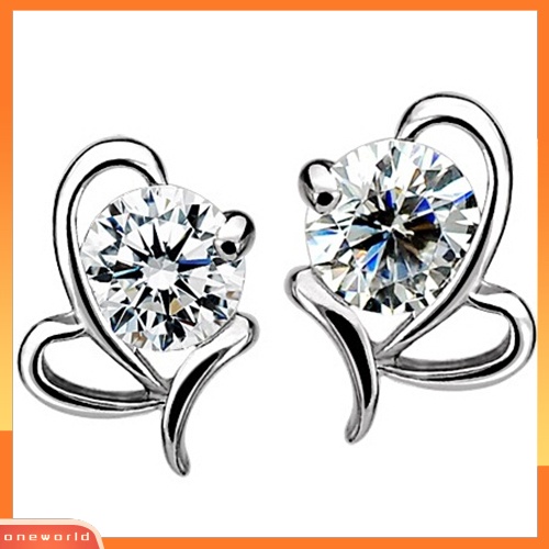 [WOD] Fashion Wanita925 Sterling Perak Hati Bulat Zirkon Telinga Stud Earrings Perhiasan