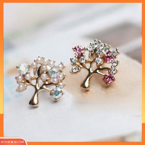 [WOD] Fashion Wanita Lucu Berlian Imitasi Mutiara Imitasi Bentuk Pohon Kecil Stud Earrings