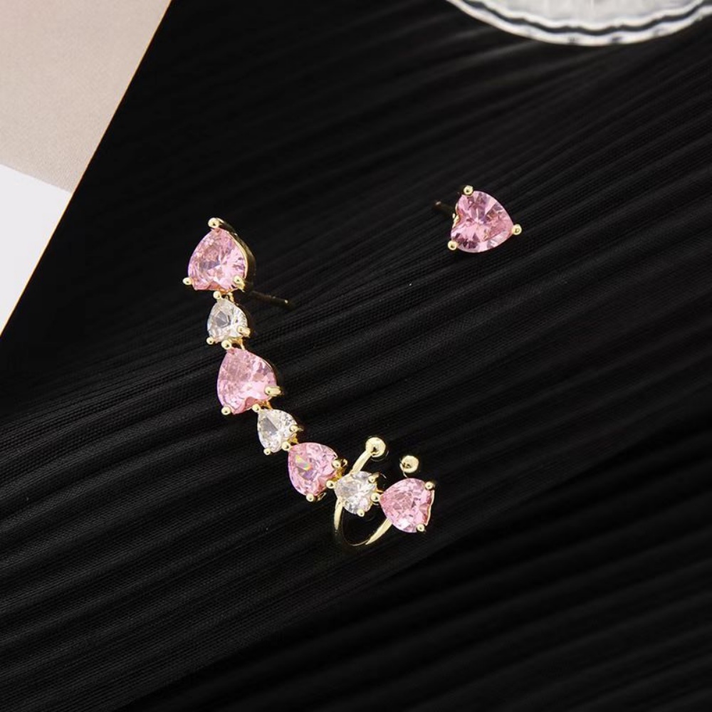 Deartiara Manis Asimetris Merah Muda Cinta Zirkon Ear Studs Earbone Klip Kecil Dan Sederhana Serbaguna Anting Gaya Fashion