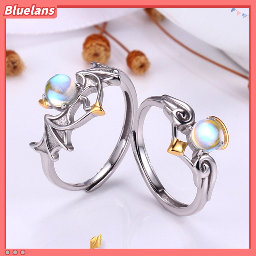 [BLS] Wanita Cincin Romantis Bersinar Faux Moonstone Desain Pembukaan Yang Dapat Disesuaikan Hadiah Hias Sayap Malaikat Setan Jari Cincin Perhiasan Pesta Untuk Kekasih