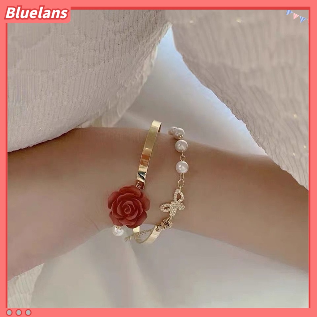 [BLS] Wanita Gelang Bunga Mawar Pesona Electroplating Tidak Luntur Busur Ornamen Mutiara Imitasi Dekorasi Adjustable Temperamen Perancis Niche Bermutu Tinggi Bangle Perhiasan Pesta