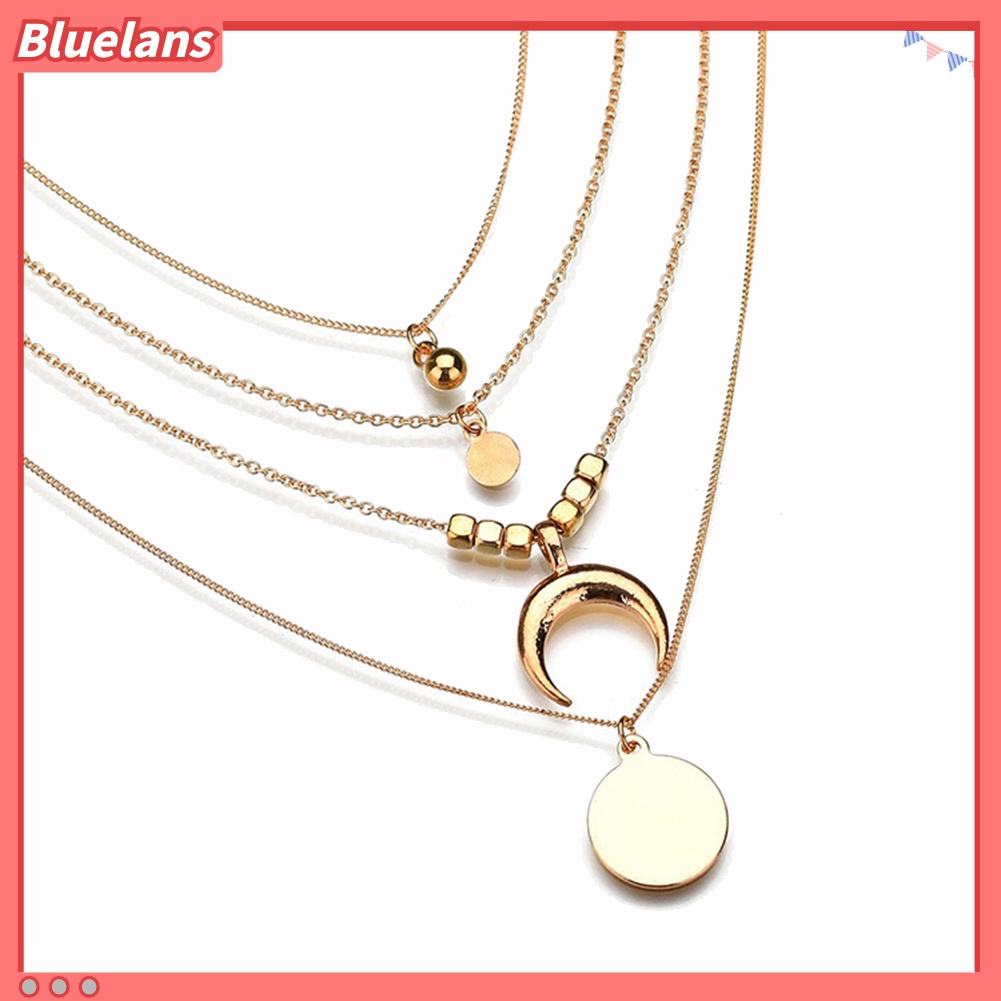 [BLS] Wanita Retro Alloy 4lapis Manik-Manik Bulan Liontin Bulat Pesona Rantai Kalung Choker