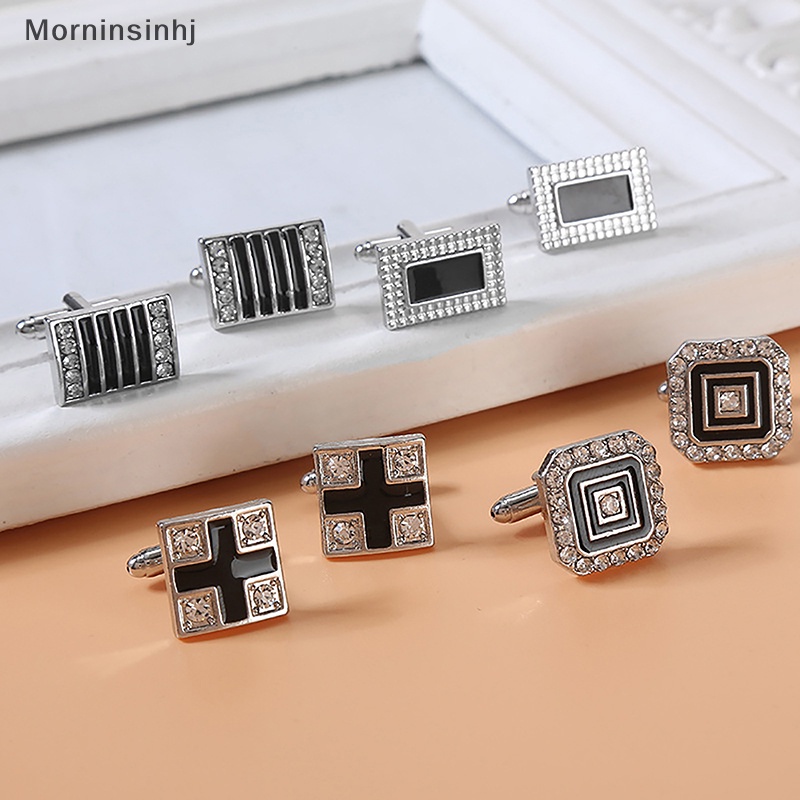 Mornin French Manset Fashion Bisnis Setelan Manset Kancing Persegi Bergaris Dipernis Perhiasan Pria Berlian Tertanam Kemeja Lengan Studs id