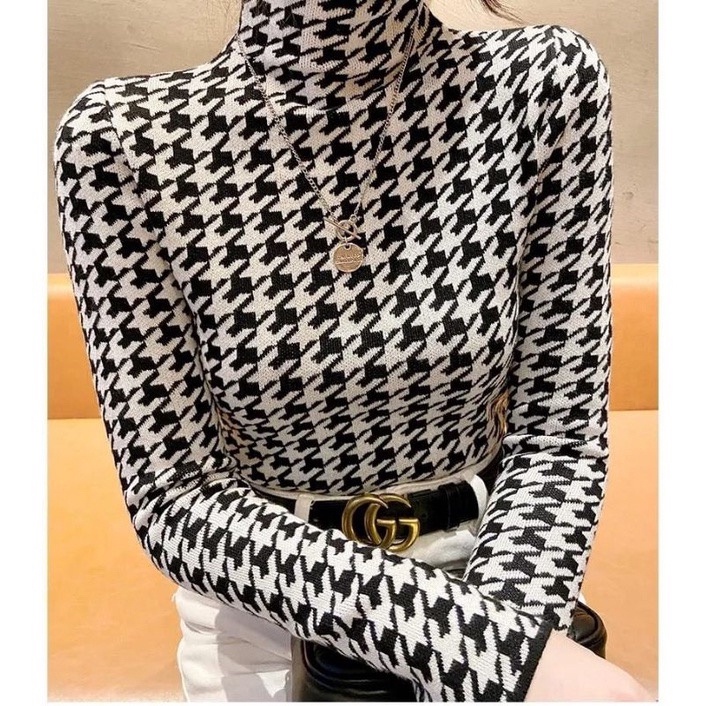 BEFAST - ZEC LONGSLEEVE ENNY / Houndstooth Ribbed Knit Longsleeve Jumbo XL / Atasan Wanita Lengan Panjang / Fashion kekinian Remaja ABG Trendy / Outfit Ala Korean Style / Longsleeve Wanita Terbaru