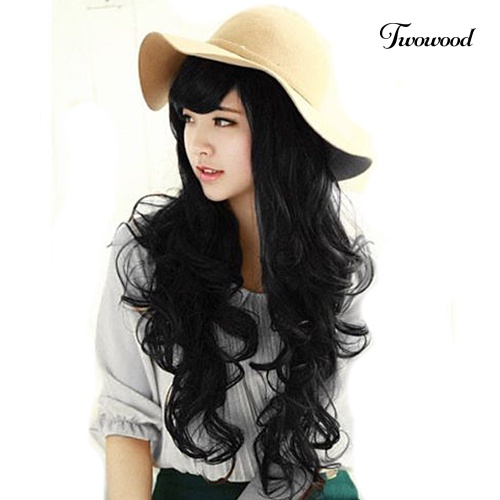 Twowood Woman Girl Fashion Panjang Keriting Bergelombang Cosplay Penuh Pesta Wig Rambut Dengan Topi Wig