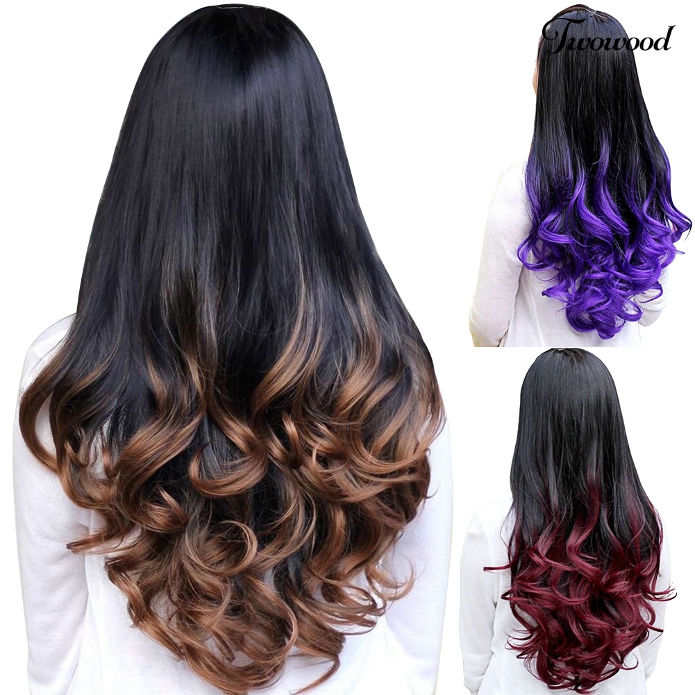 Twowood Wanita Gelombang Besar Panjang Keriting Bergelombang Warna Gradasi Ombre Tiga Per Empat Wig Rambut Penuh