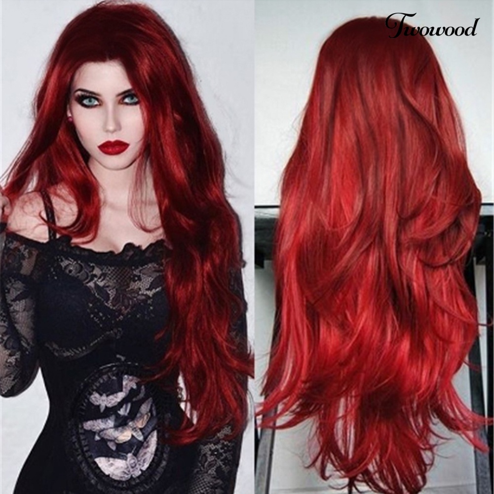 Twowood Serat Suhu Tinggi Anggur Merah Belah Tengah Panjang Keriting Wig Wanita Sopak