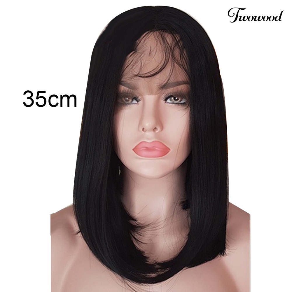 Twowood Wanita Lace Front Bob Natural Lurus Tahan Panas Sintetis Wig Sopak