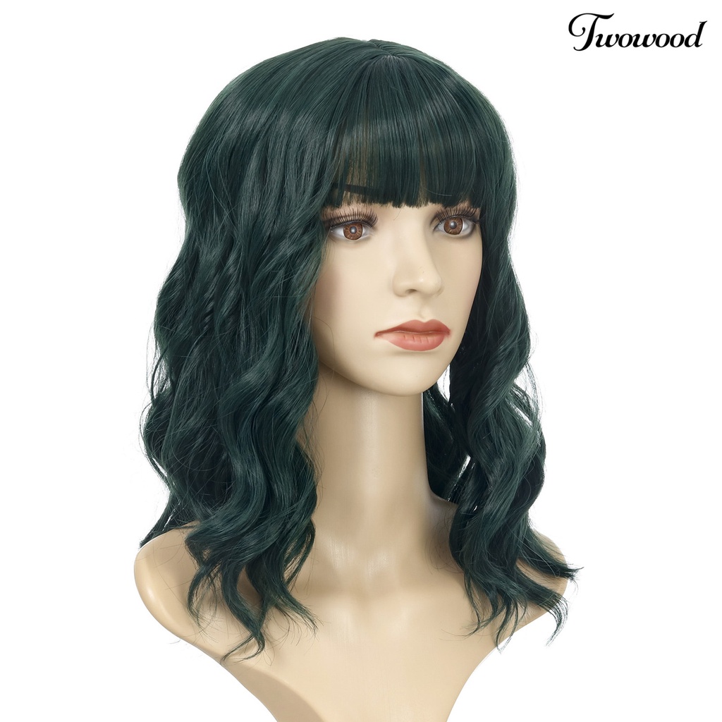 Twowood Wanita Wavy Mid Long Curly Wig Air Bangs Bermain Peran Kostum Pesta Sopak