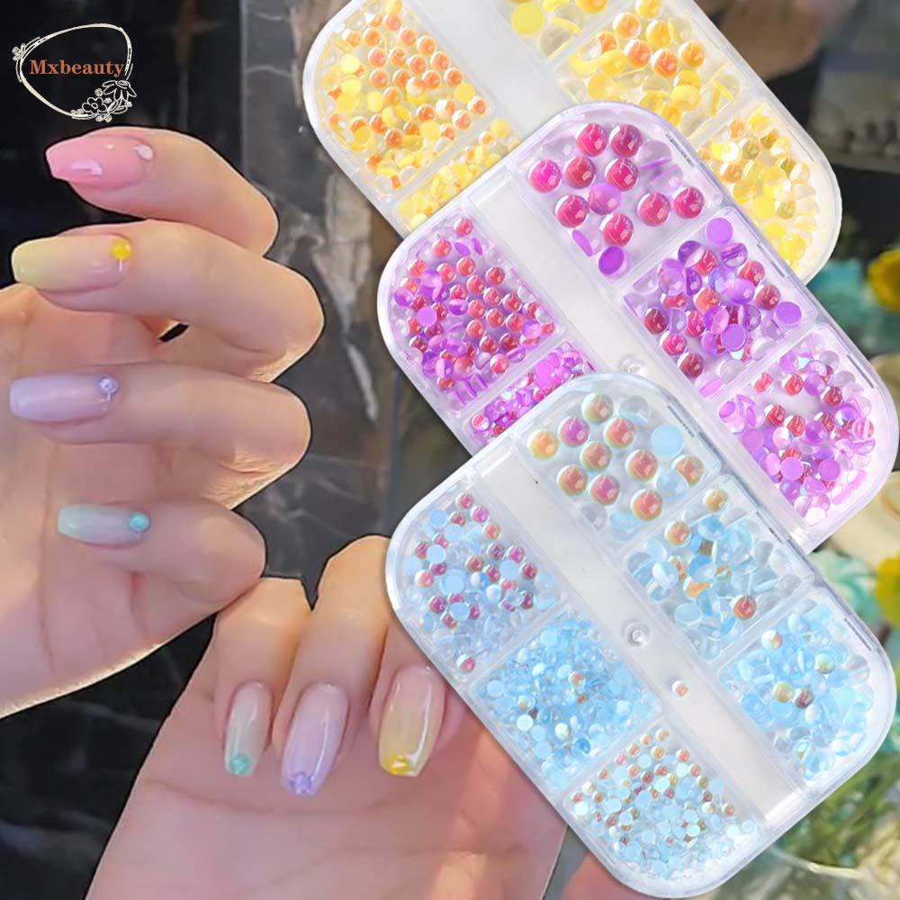 Mxbeauty Kuku Aurora Berlian Imitasi Symphony Bulat Manik-Manik Desain Manicure Dekorasi Ukuran Campur DIY Ornamen