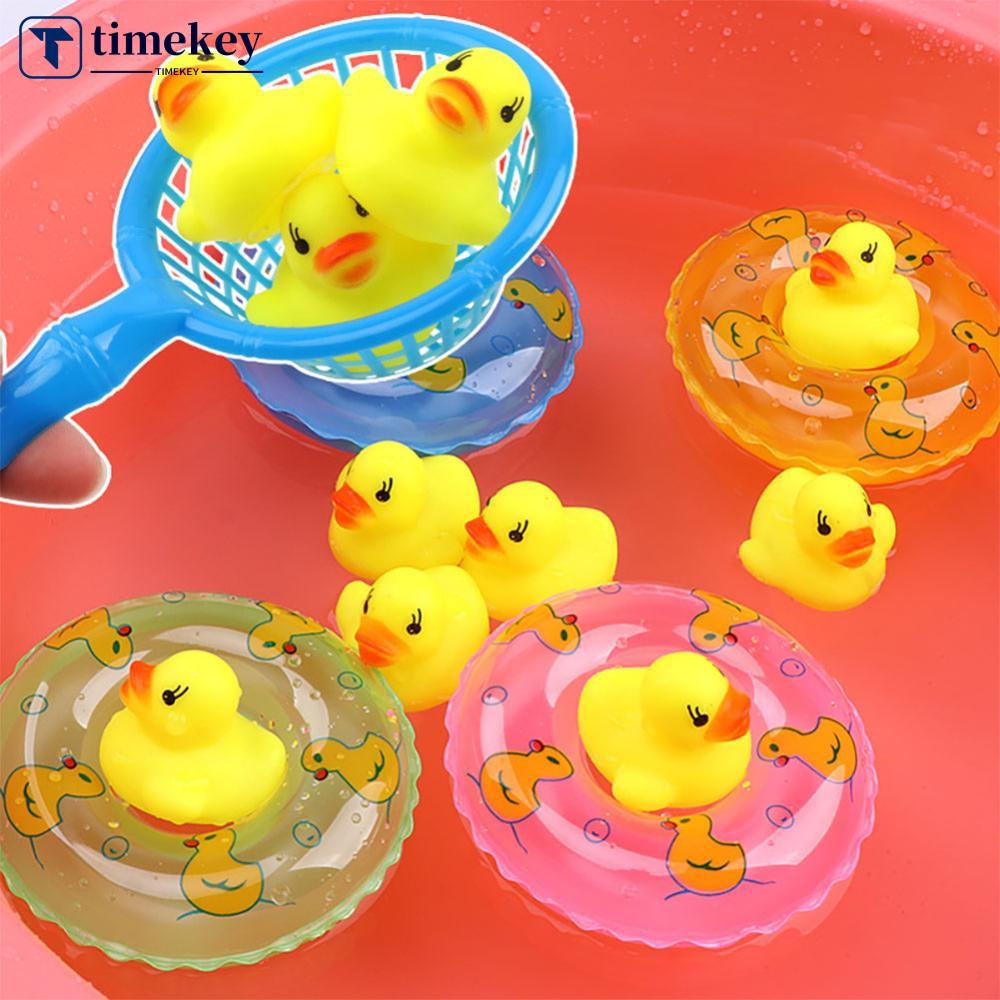 Timekey 5Pcs /set Bayi Bebek Apung Mainan Mandi Mini Renang Cincin Karet Bebek Kuning Jaring Ikan Mandi Renang Balita Mainan H8M2