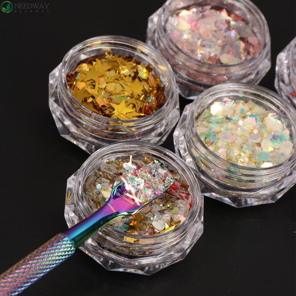 Needway Paku Payet Warna-Warni Hiasan Bulu Mata Cinta Hati Hexagons Bintang Hologram Glitter Kuku Glitter Serpihan