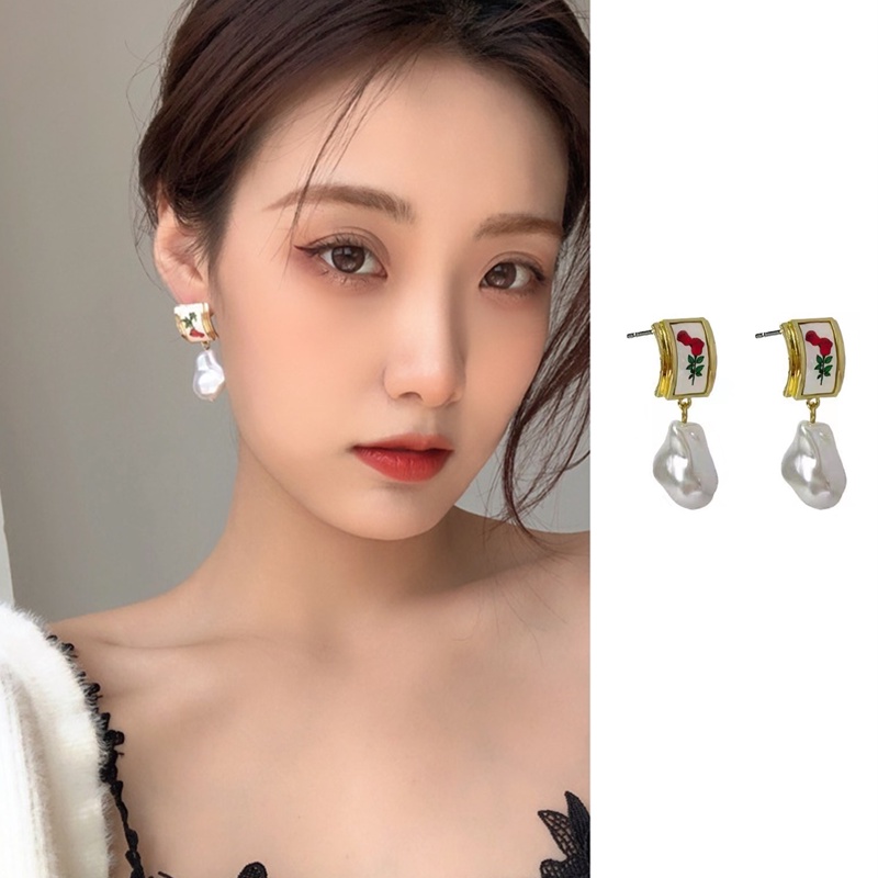 French Red Rose Flower Earrings Baroque Spesial-shaped Pearl Retro Hong Kong Style Cahaya Mewah High-end Stud Earrings