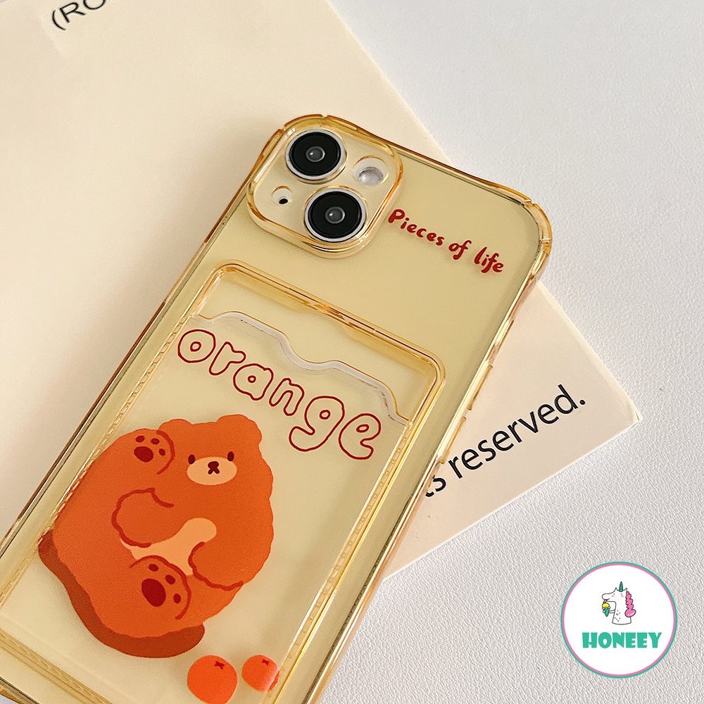 Casing Beruang Dompet Kartu Retro Kompatibel Untuk iPhone 14 Pro Max13 11 12 Pro Max XR X XS Max 7 8plus Orange Bening Shockproof Back Cover