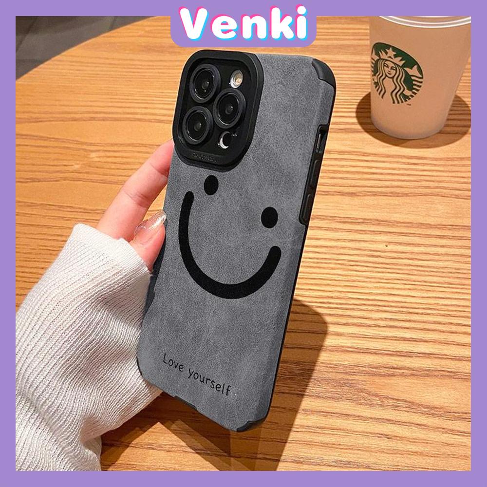 VENKI - Untuk iPhone 11 Case Kulit Anak Sekolah Suede Case Lembut Tahan Guncangan Ponsel Case Kamera Hitam Sederhana Senyum Kompatibel dengan iPhone 14 13 Pro max 12 Pro max xr xs 7Plus 8Plus