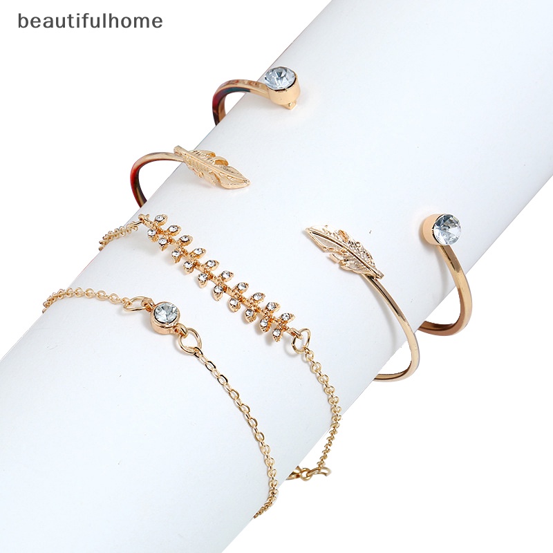 {beautifulhome} 4pcs /set Fashion Wanita Geometris Kristal Daun Gelang Adjustable Bangle Jewelry.