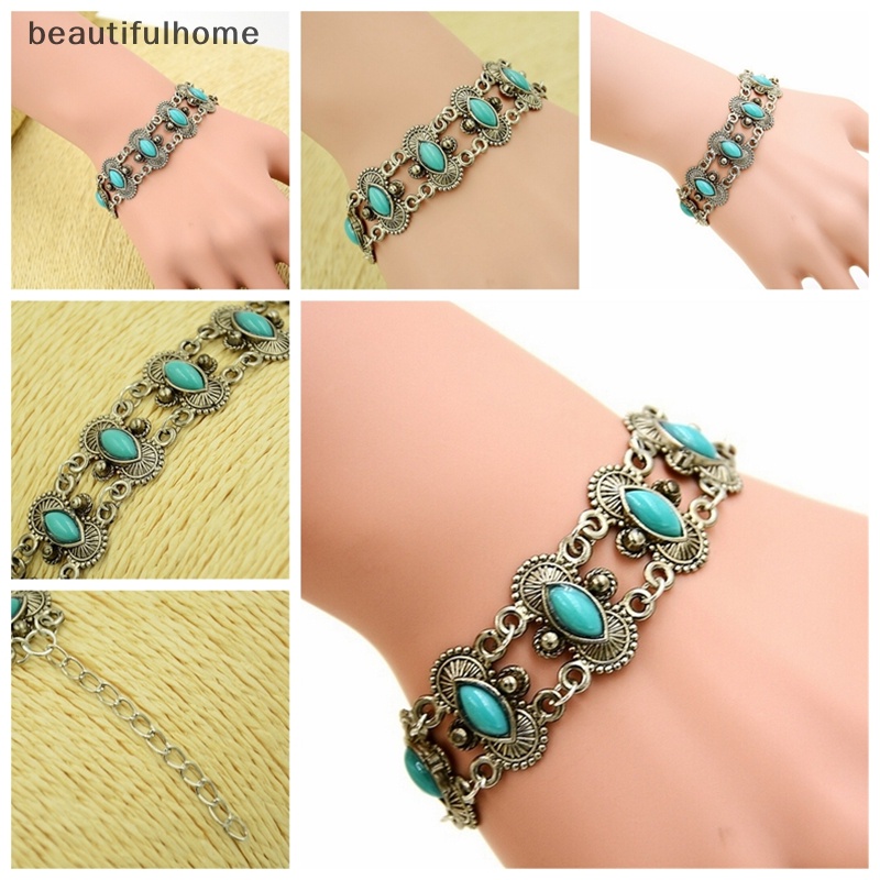 {beautifulhome} Sexy Bohemian Fashion Wanita Perak Turquoise Bangle Gelang Pergelangan Tangan Band Perhiasan.