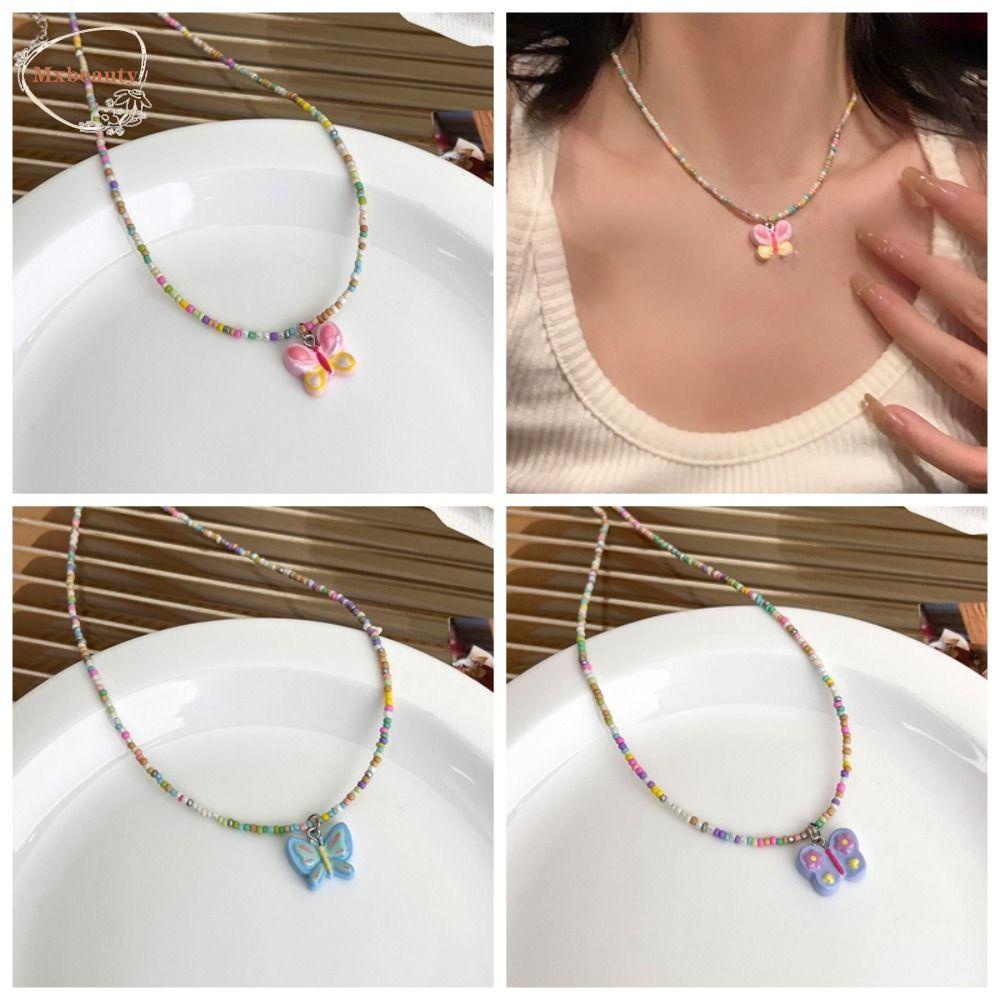 Mxbeauty Kalung Manik-Manik Bohemia Sweet Pink Ungu Dopamin Akrilik Y2K Choker Untuk Wanita