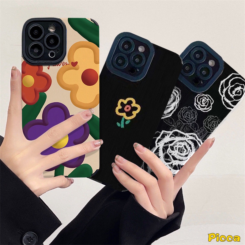 IPHONE Casing Ponsel Bunga Segar Musim Panas Kompatibel Untuk Iphone14 11 13 12 Pro MAX 7Plus XR X7 8 Plus XS MAX Lukisan Minyak Bunga Tekstur Kulit Mewah Shockproof Soft Cover