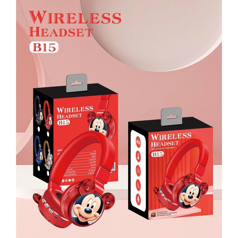 HEADPHONE BLUETOOTH WIRELESS SERI B15 LOTSO / MICKEY/ CARTOON SO CUTE IMUT