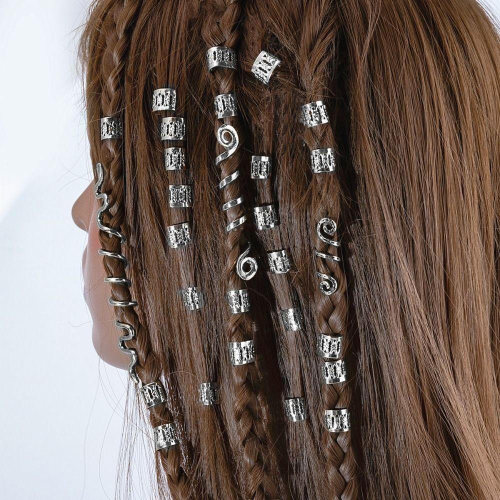 Needway 28pcs /set Klip Cincin Rambut DIY Curve Silver Viking Celtic Knot Alloy Golden Kotor Kepang Rambut Gesper Untuk Wanita