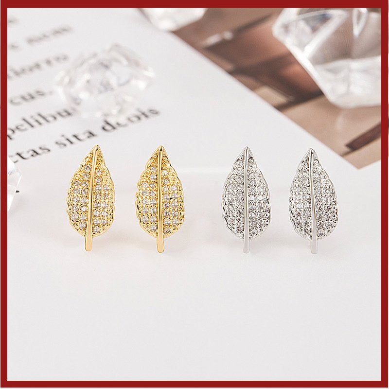 18k Emas Sederhana Daun-Shapepd Stud Earrings Berkilau Penuh Berlian Imitasi Halus Anting Liar U1842