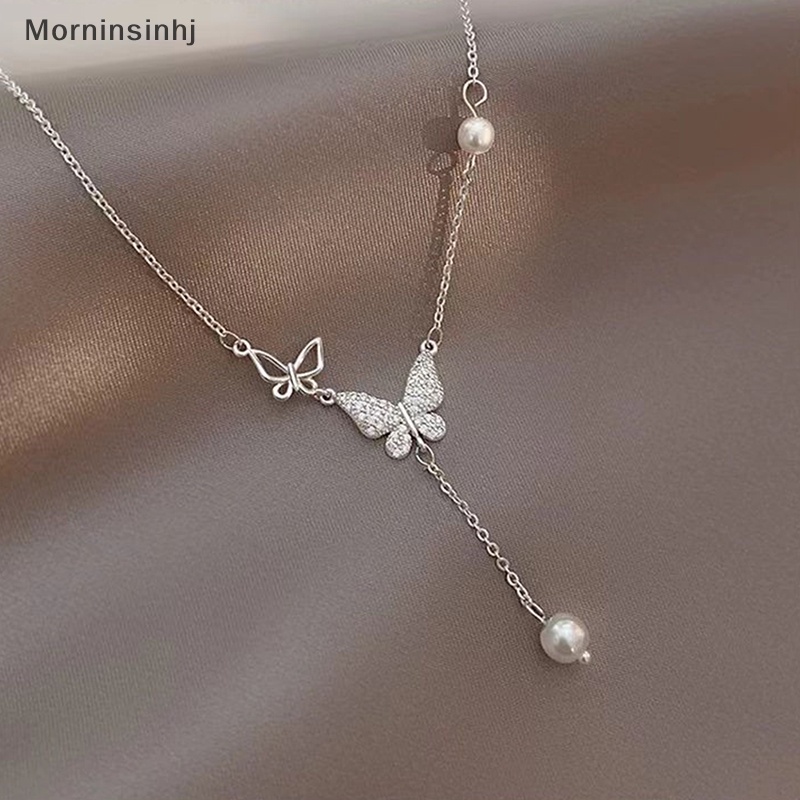 Mornin Fashion Baru Shiny Zircon Butterfly Necklace Untuk Wanita Pesona Mutiara Rumbai Romantis Rantai Klavikula Perhiasan Pernikahan Pribadi id