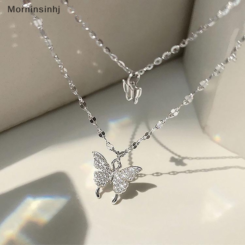 Mornin Fashion Shiny Butterfly Necklace Ladies Indah Rantai Klavikula Lapisan Ganda Keren Rantai Leher Untuk Wanita Perhiasan Hadiah id