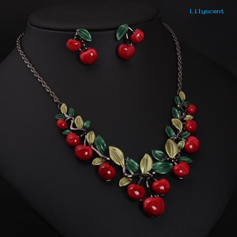 [LS]1 Set Perhiasan Buah Cherry Merah Vintage Set Chic Bridal Kalung Anting