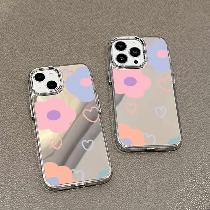 IPHONE Casing Ponsel Cermin Bunga Pink Biru Kompatibel Untuk Iphone11 12 13 14 12Pro 13Pro 14Pro Pro Max XR X XS Max Electroplating Tombol Perlindungan Mirror Cover