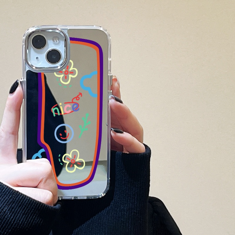 IPHONE Casing Ponsel Cermin Graffiti Kompatibel Untuk Iphone11 12 13 14 12Pro 13Pro 14Pro Pro Max XR X XS Max Electroplating Tombol Perlindungan Mirror Cover