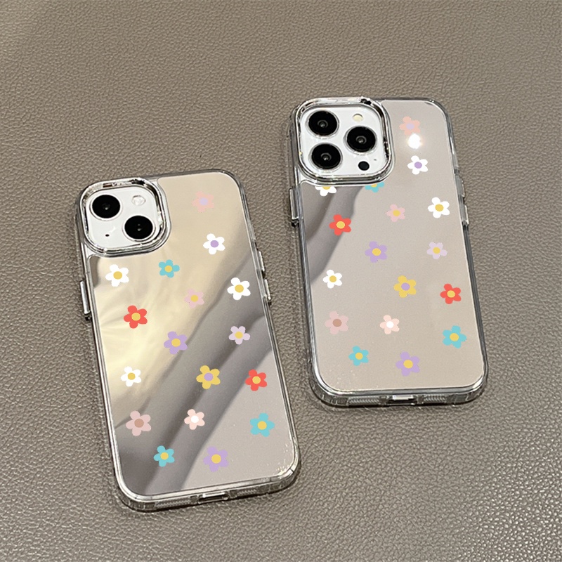 IPHONE Casing Ponsel Cermin Bunga Warna-Warni Kecil Kompatibel Untuk Iphone11 12 13 14 12Pro 13Pro 14Pro Pro Max XR X XS Max Electroplating Tombol Perlindungan Mirror Cover