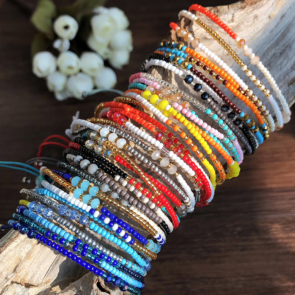 Perhiasan Jewelry Gelang Manik-Manik Gelang Kristal Bohemian Gaya Etnik Warna-Warni Gelang Manik Padi Braided Rope Bracelet