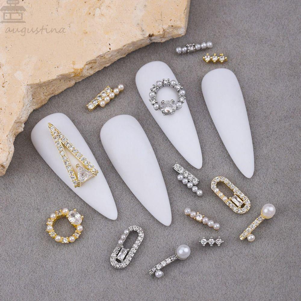 AUGUSTINA Agustina Kuku Ornamen 3D Mutiara Tidak Teratur Berlian Imitasi Diamond Insert Hollow Alloy Manicure Charms