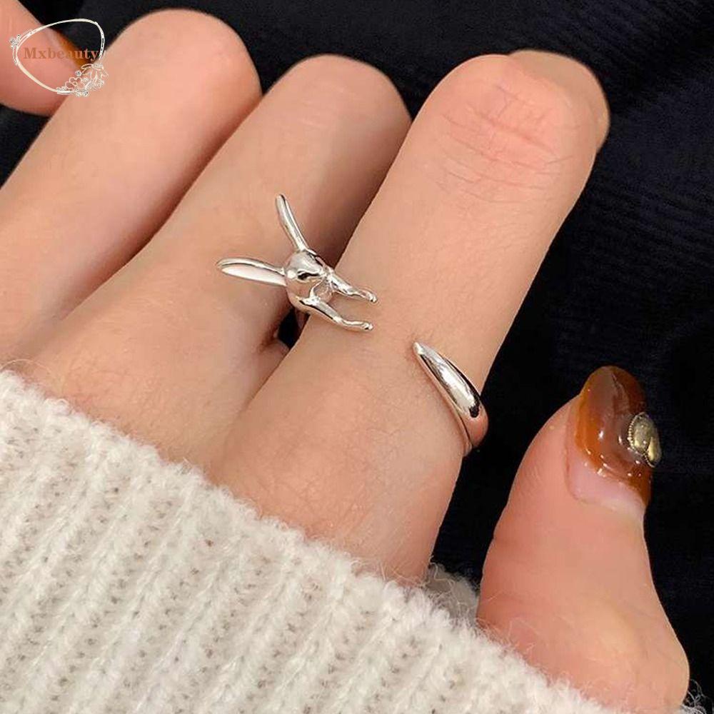 MXBEAUTY Y2k Wanita Cincin Lucu Adjustable Menawan Desain Niche Kelinci Gadis Manis Hadiah Berlian Imitasi Alloy Gaya Korea Ring