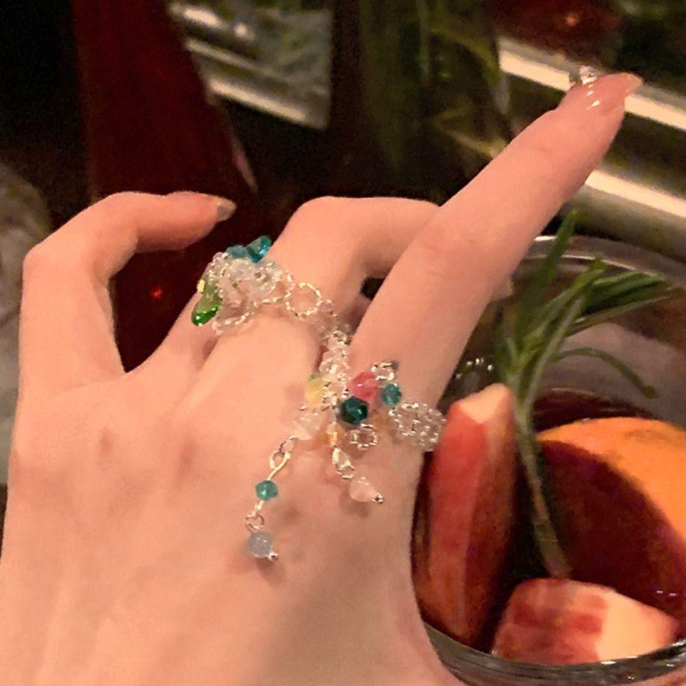 Mxbeauty Cincin Bunga, Cincin Aesthetic Korea, Cincin Kristal Dopamin Y2K Rumbai Elegan Untuk Hadiah
