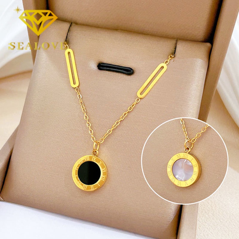 Kalung Titanium Anti Karat Romawi Bulat Hitam Korea Aesthetic Emas 18K Aksesoris Wanita Perhiasan Necklace