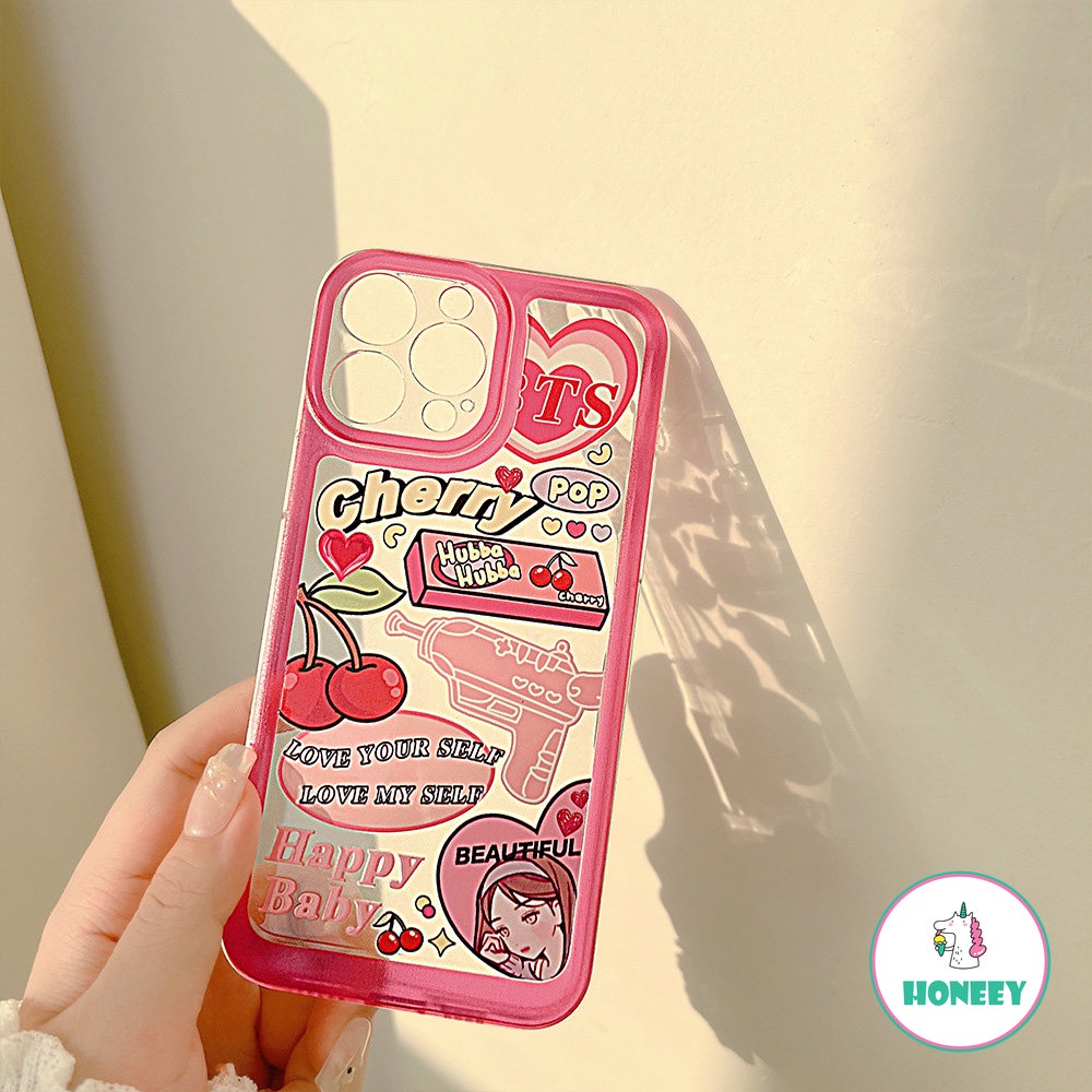 Ins Pink Graffiti Love Cherry Phone Case Kompatibel Untuk Iphone14 Pro Max12 13promax Case iPhone 11xr XS 7 8Plus Bening Lembut Shockproof Back Cover