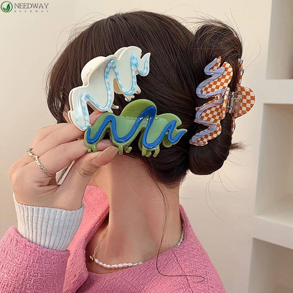 NEEDWAY Wanita Cakar Rambut Trendi Hiasan Kepala Gelombang Manis Untuk Gadis Ponytail Holder Rambut Kepiting Temperamen Kisi Hiu Klip