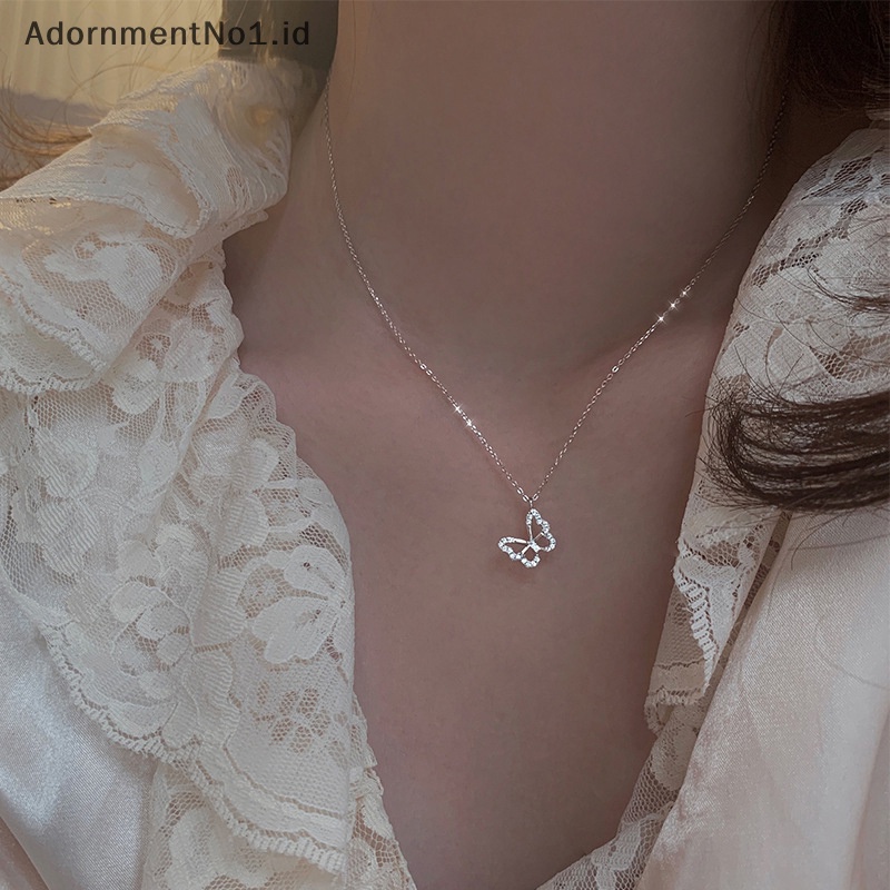 [AdornmentNo1] Fashion warna Silver kalung kupu Hollow untuk wanita zirkon mengkilap rantai klavikula sederhana Ins gaya kalung perhiasan hadiah