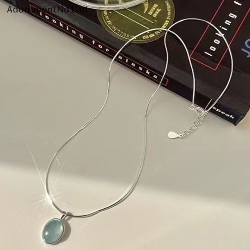 [AdornmentNo1] Fashion warna Silver Blue Moonstone Aquamarine kalung desain unik Oval kristal rantai klavikula untuk teman wanita perhiasan hadiah