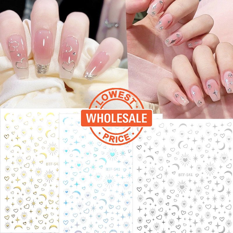 [Harga Grosir]3d Stiker Kuku Pola Bulan Bintang Hati/Laser Hologram Self-Adhesive Nail Sliders/Emas Perak Transfer Air Nail Decal/Manicure Art Dekorasi