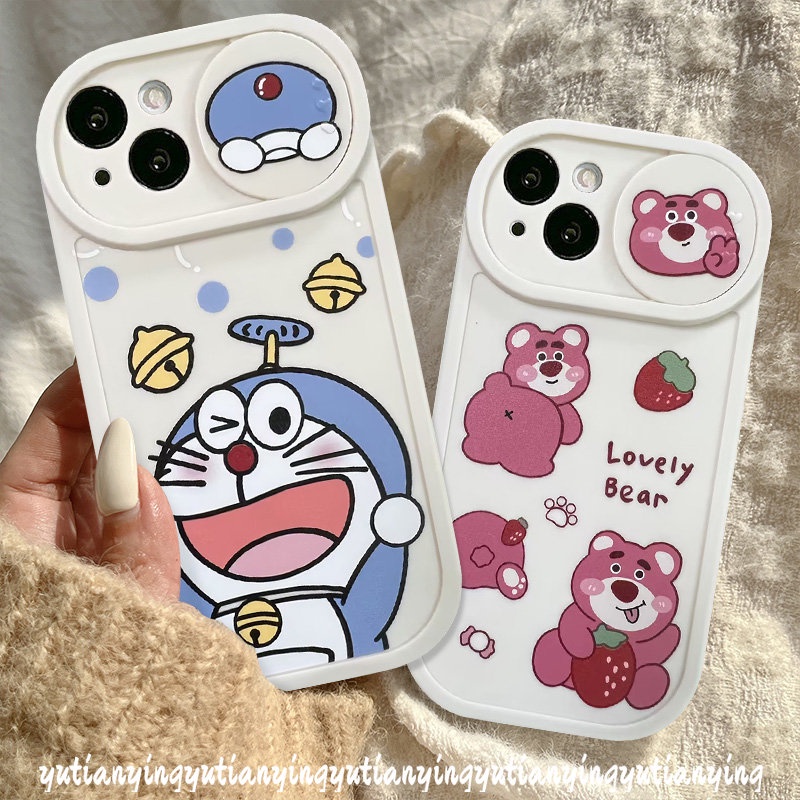 Strawberry Bear Lotso Cartoon Funny Dinosaur Camera Lens Protector Case Compatible for IPhone XR XS X Max 11 13 12 Pro Max 7Plus 8Plus Push Pull Window Lovely Doraemon Cover