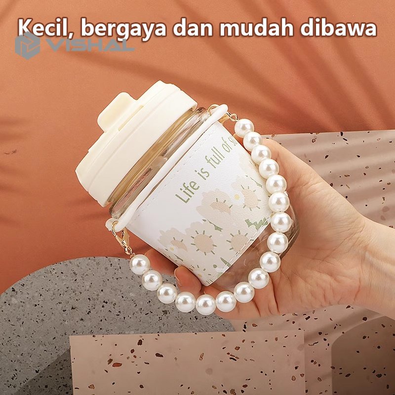 VISHAL Botol Korea Sunflower Aesthetic Tali Mutiara / Botol Minum Kaca Motif Bunga Matahari Botol Travel Lucu Unik VS-345