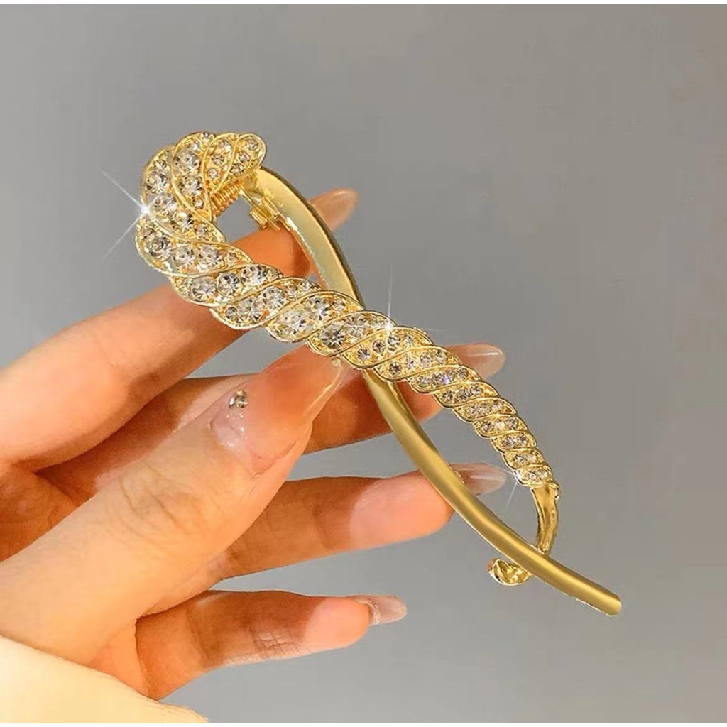 Elegan Wanita Besar Rambut Pin Pesta Pernikahan Halus Ponytail Holder Twist Clip Alloy Hiasan Kepala Hadiah Aksesoris Rambut Korea INS Style Populer Berlian Imitasi Mengkilap Gandum Jepit Rambut