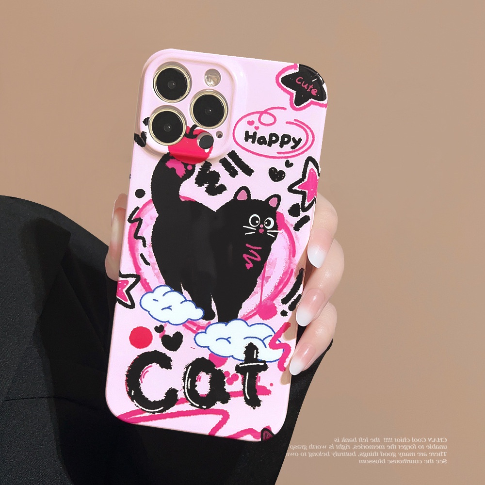 IPHONE Keren Doodle Punk Black Cat Pink Ponsel Hard Case Film Cover Pelindung Untuk Iphone7 8 PLUS X XR XS 11 12 13 14 PRO MAX SE